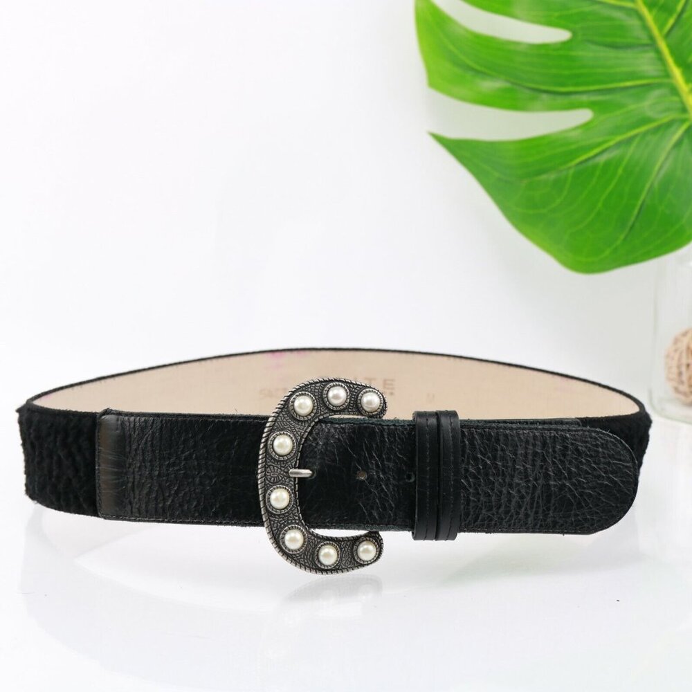VTG Elite Accessories Womens Belt Size Medium Black Leather Pearl Big Buckle USA